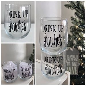 Two “Drink Up Grinches” stemless wine glasses tumblers